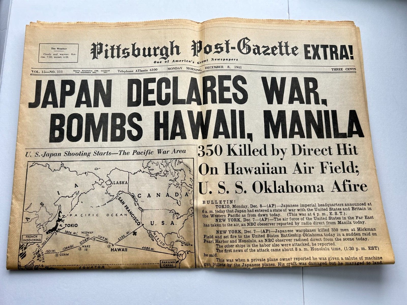 JAPAN Declares War Pittsburgh Post-Gazette EXTRA December 8th 1941 Pearl Harbor