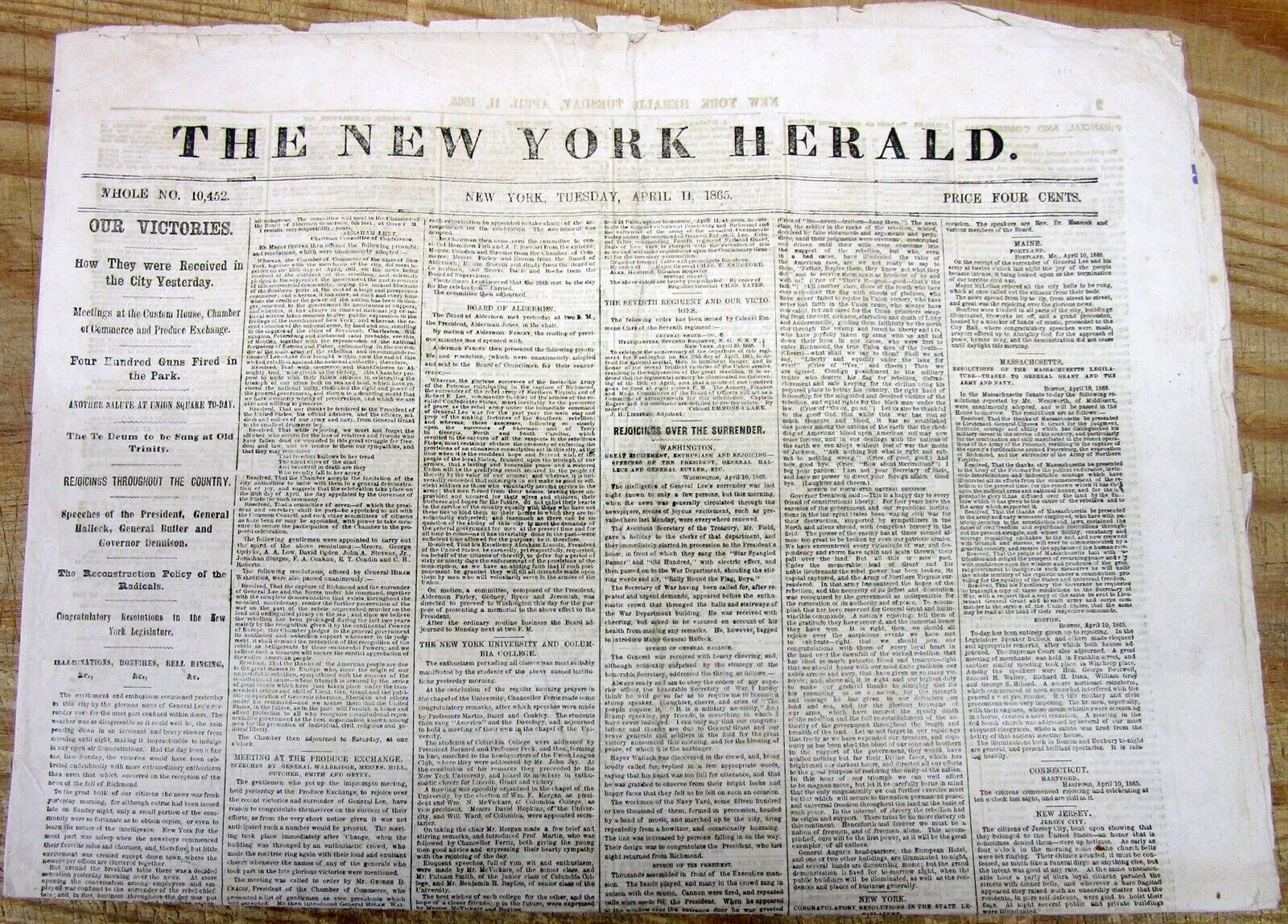 1865 NY Herald newspaper CIVIL WAR ENDS- SURRENDER of LEE to GRANT Appomattox VA