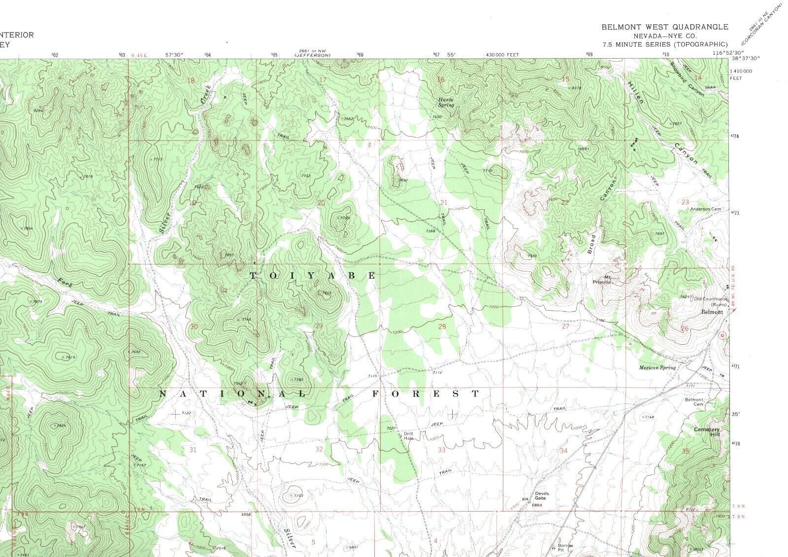 Belmont West, Nevada 1971 Vintage USGS Map 7.5 Quadrangle Topographic
