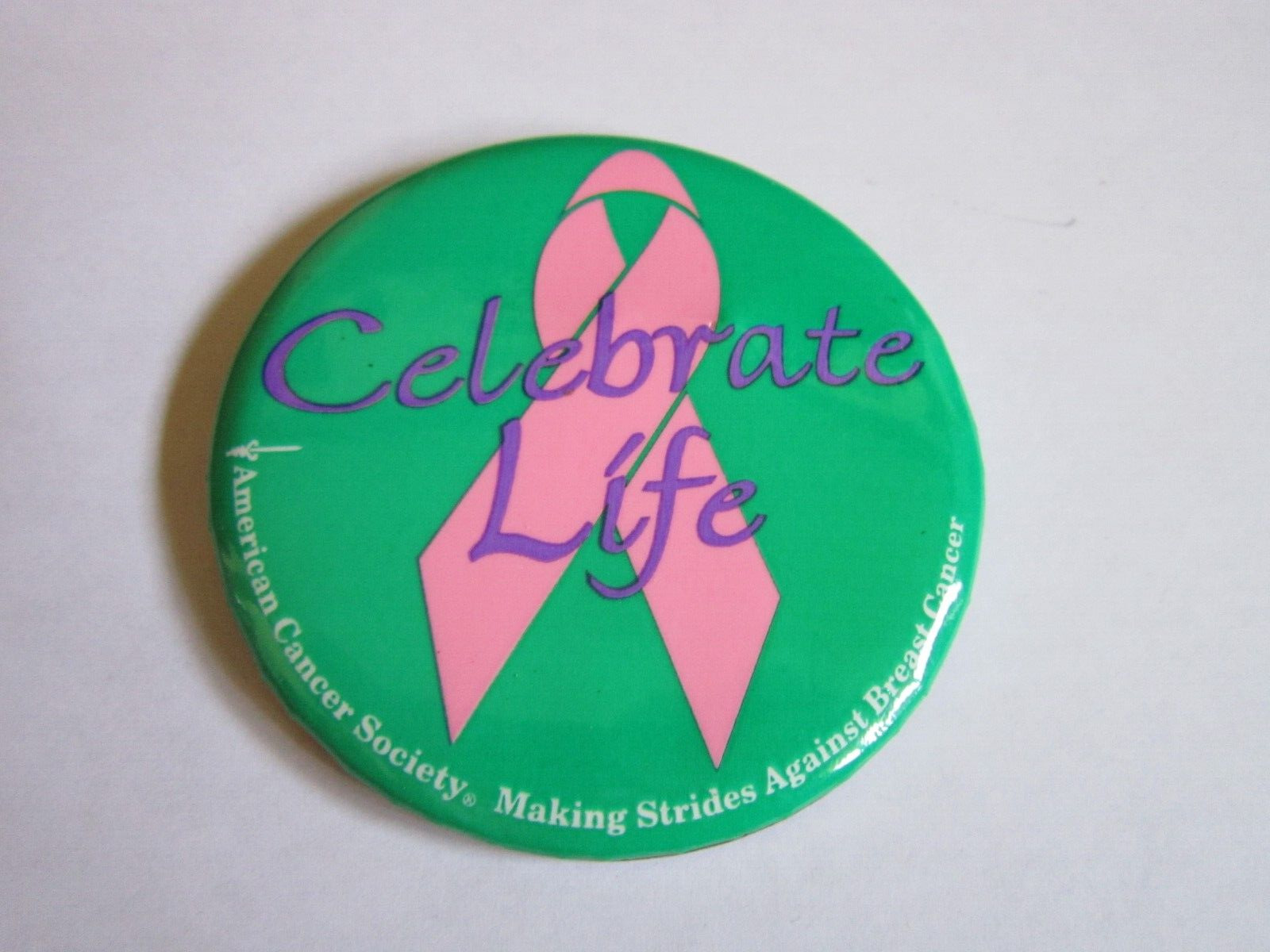 Vtg CELEBRATE LIFE Pink Ribbon American Cancer Society Breast Pin Button RUSTY