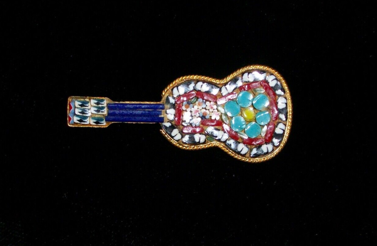 Vintage 60s 70s Micro Mosaic Guitar Pin Brooch Made in Italy