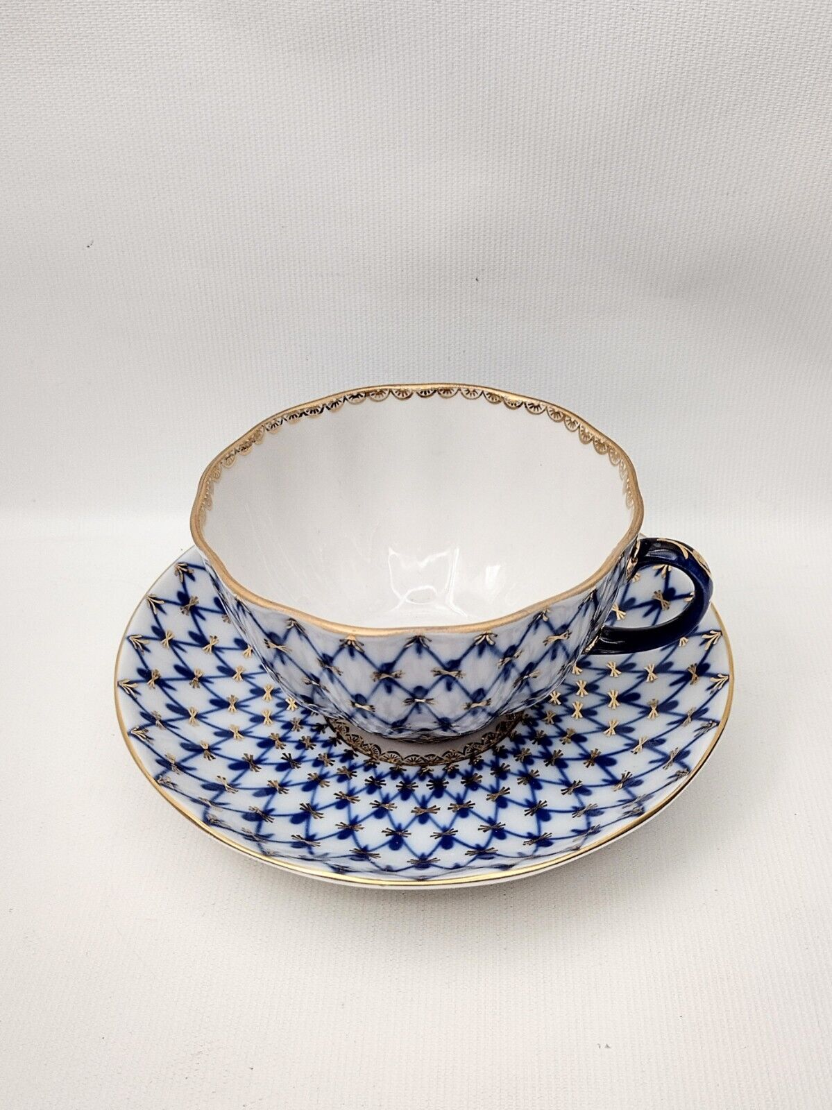 Vintage Lomonosov Tea Cup w/ Saucer Cobalt Net Blue/Gold Trim - Made in Russia