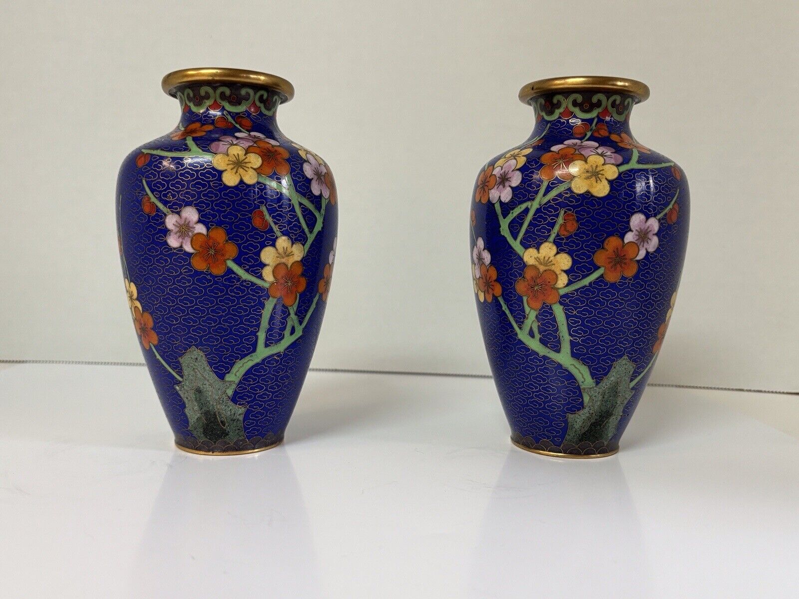 Vintage CHINESE CLOISONNE VASE 6 inch Enamel Brass Floral Design Blue, Pair