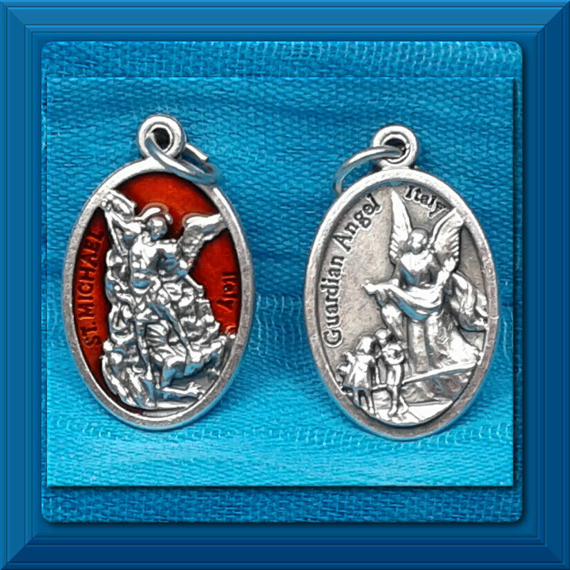 Catholic Medal DOUBLE SIDED Guardian Angel SAINT MICHAEL Red Enamel DETAILED NEW