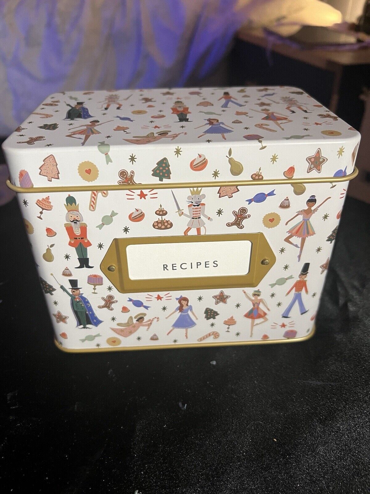 Rifle Paper Co New Nutcracker Tin Recipe Box With 12 Cards /25 Lined Tab Cards  