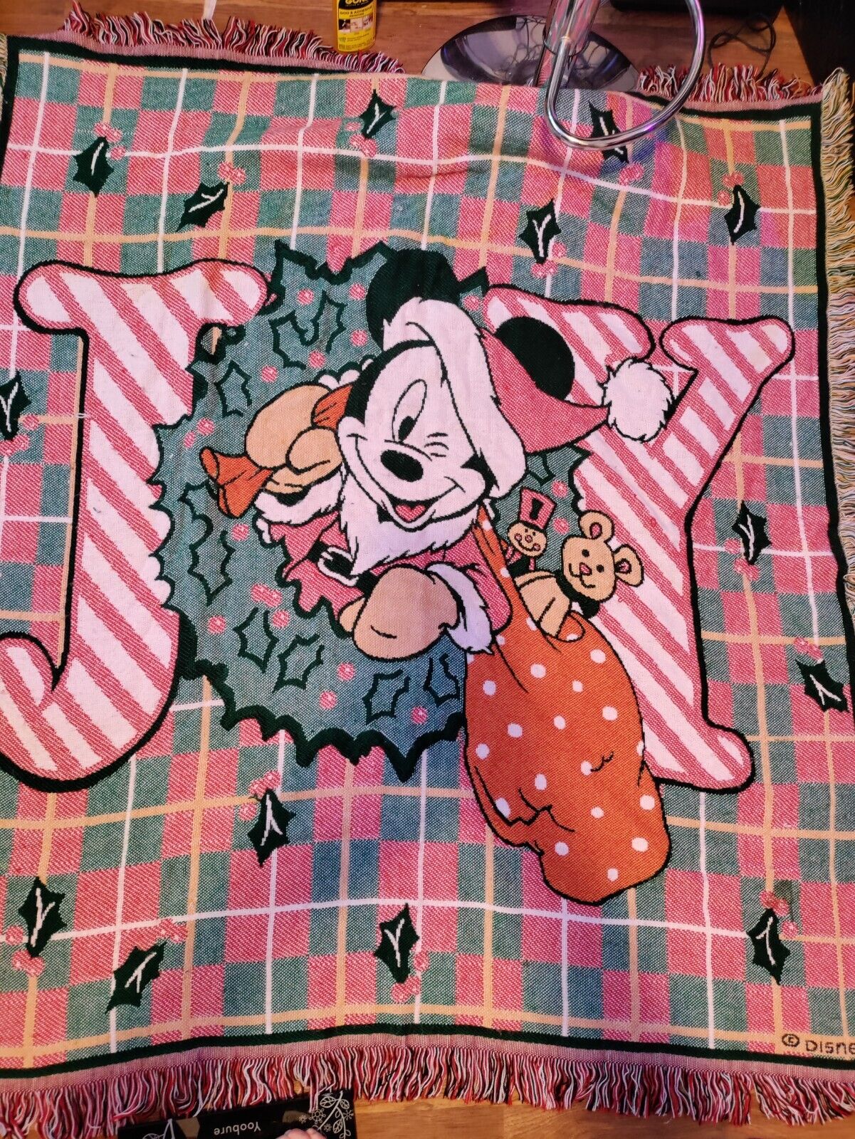Vtg Disney Mickey Mouse Christmas JOY Beacon Tapestry Throw Blanket Size 52x60