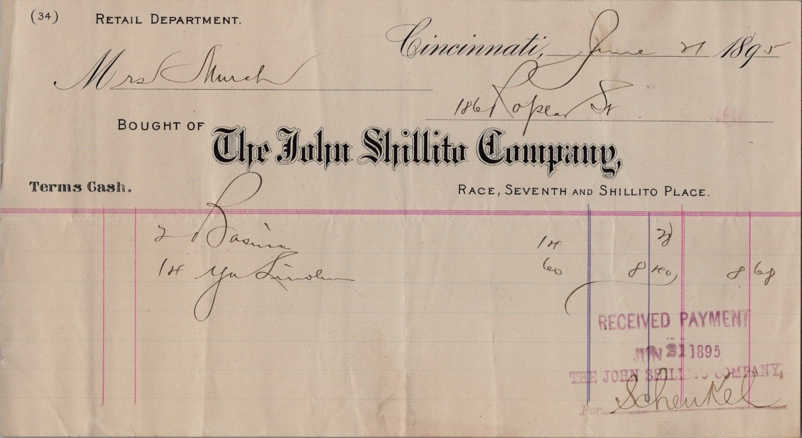 1895 Billhead The John Shillito Company, Department Store, Ohio RARE