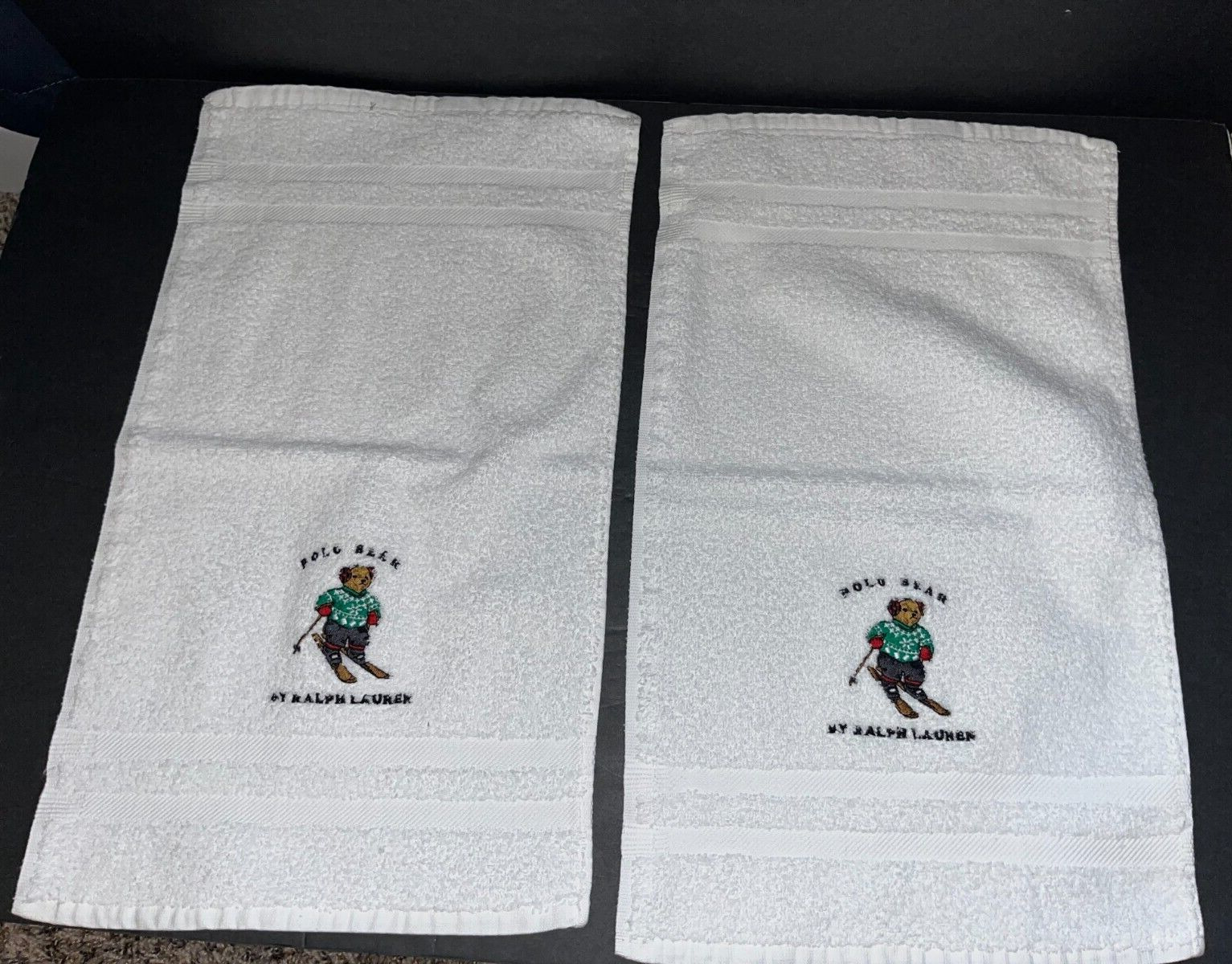 (2) Vintage Polo Ralph Lauren Ski Bear Christmas Hand Towels 18.5” x 10.5”