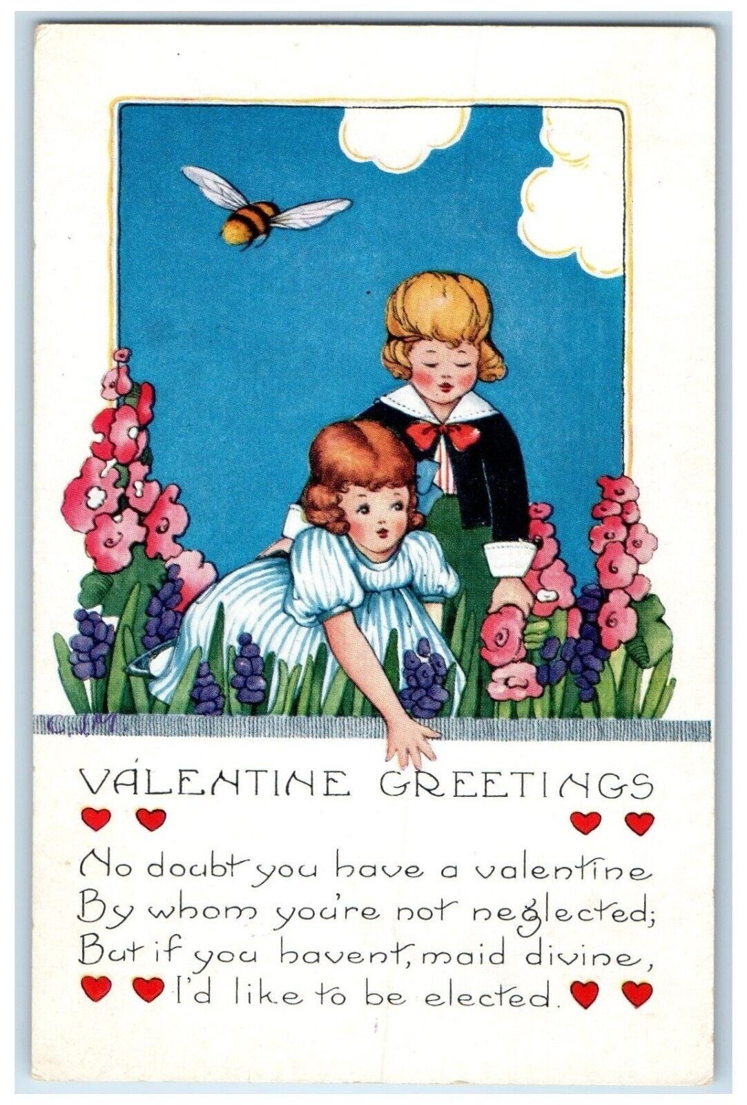 c1910\'s Valentine Greetings Hearts Girls Flowers Bee Embossed Antique Postcard