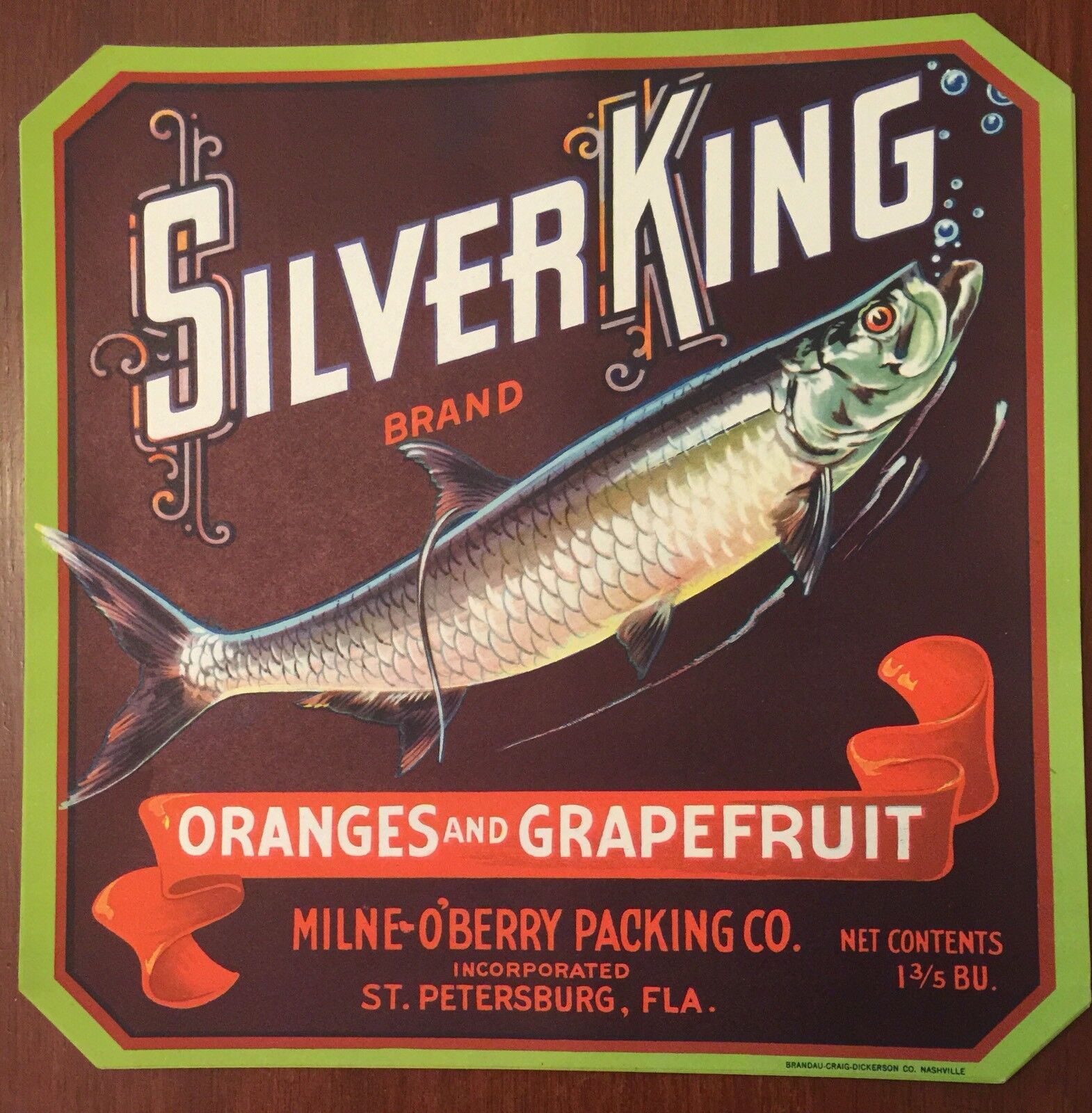 SILVER KING 1930,s crate label Tarpon fishing authentic FLA Original Old Stock