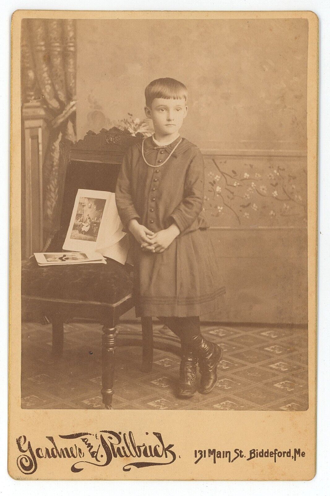 Antique c1880s Cabinet Card Adorable Child in Dress With Photos Biddeford, ME