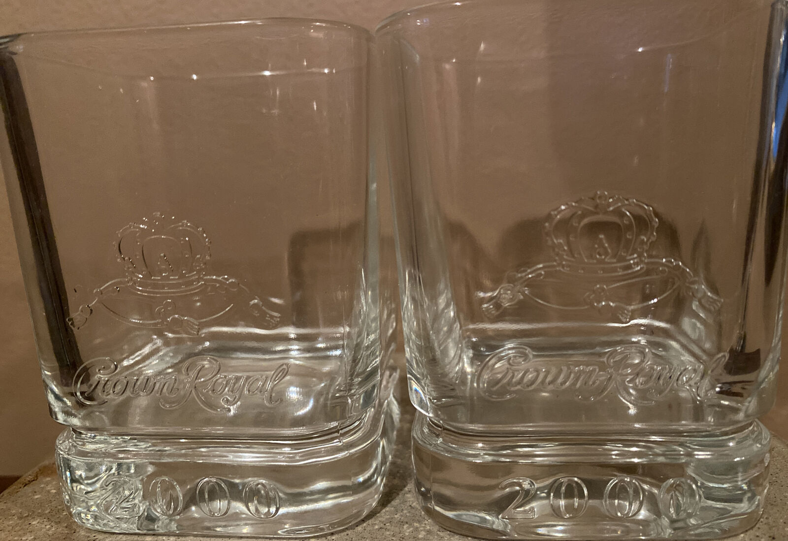 VTG Crown Royal Glasses 2000 Embossed Square Rocks Whiskey Bourbon Set Of 2 Y2K
