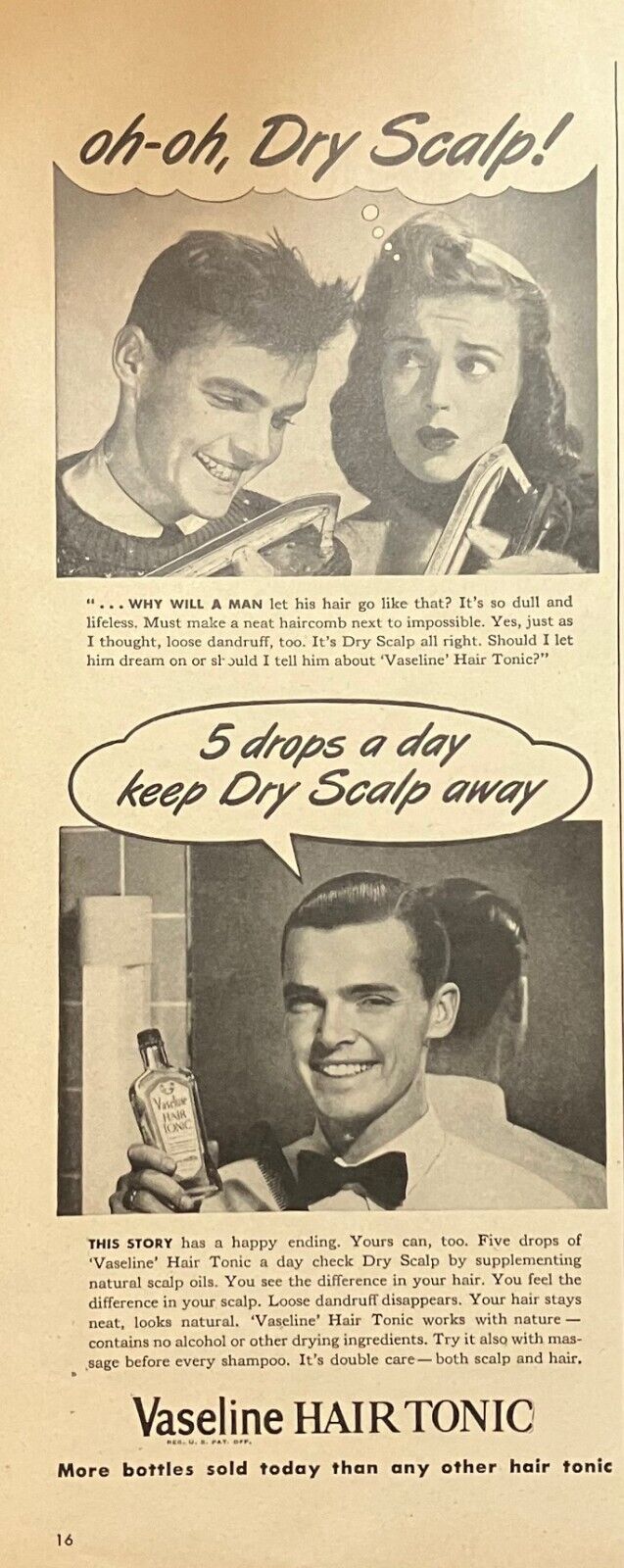 Rare 1940s Vintage Original Vasoline Hair Tonic for Men Advertisement WW2 ERA