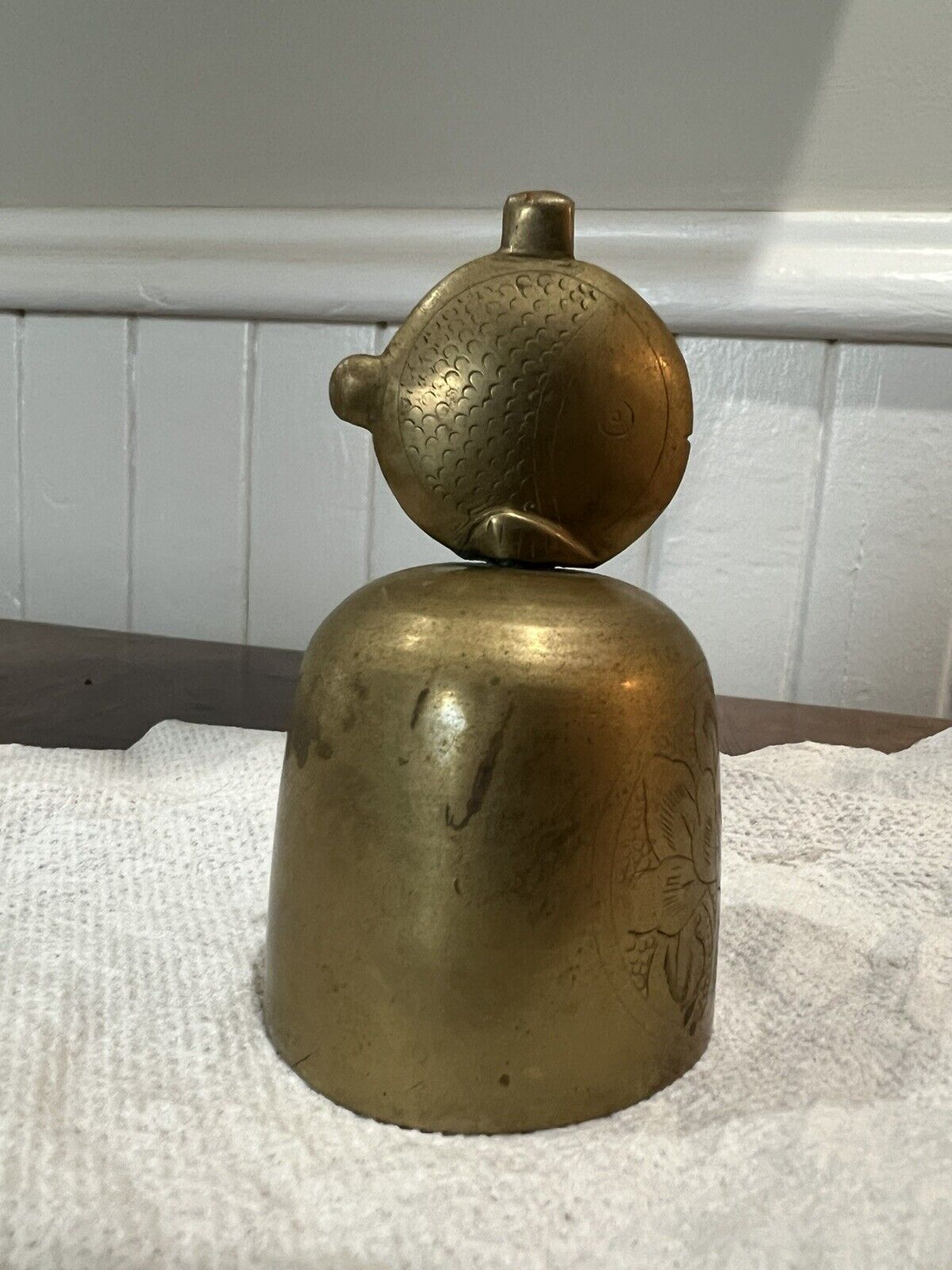Mid-20th C. VINTAGE BRASS FISH ENGRAVED DINNER BELL