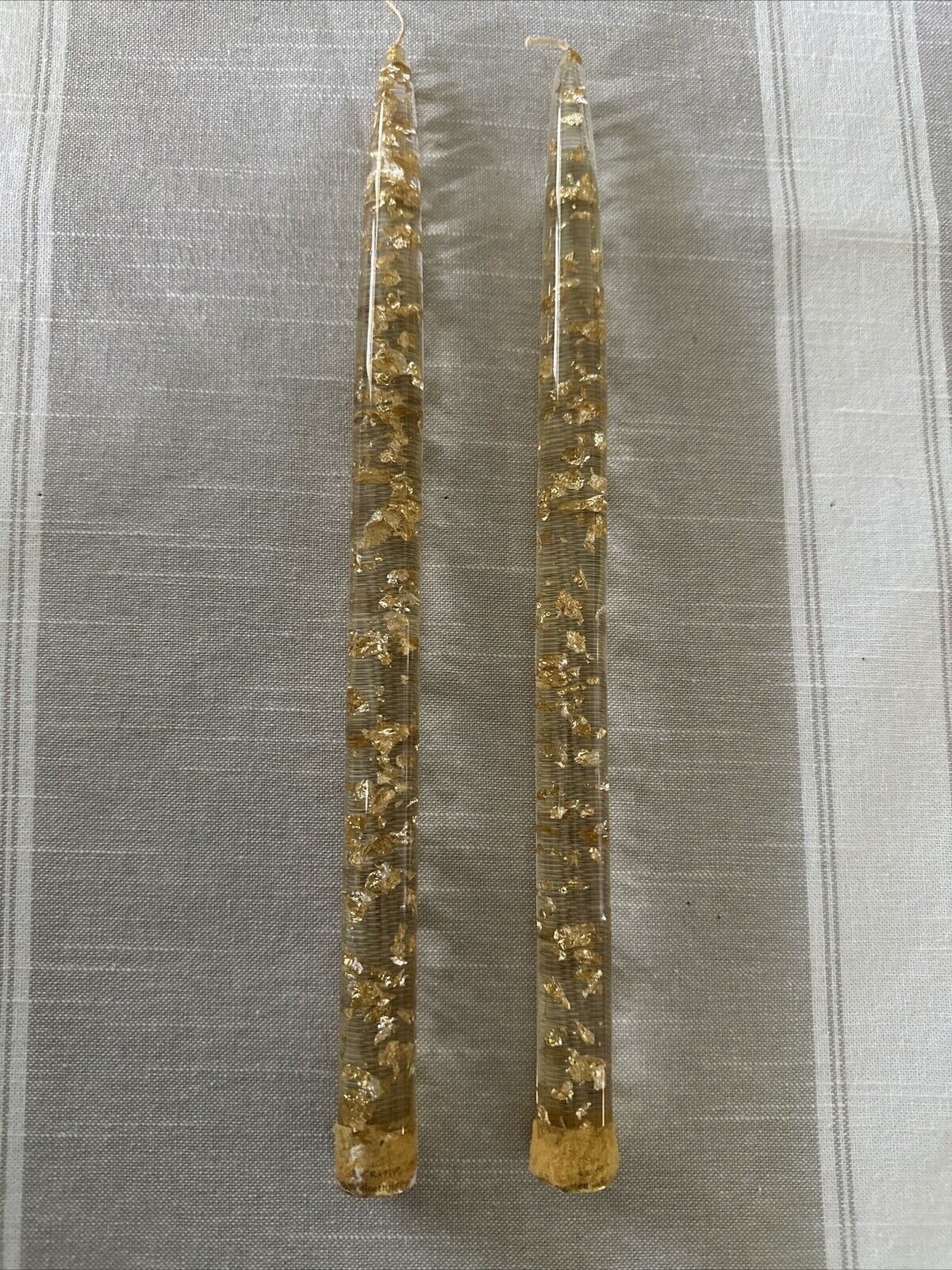 Set Of 2 Vtg MCM Lucite Acrylic 12 Inch Clear Taper Candles Gold Fleck