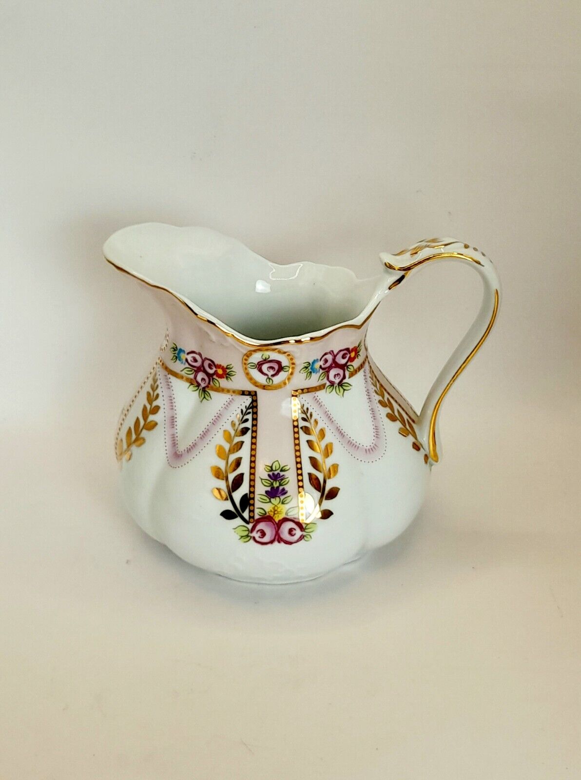 Vintage Royal Danube Creamer Pitcher Pink Floral Gold Detail Embossed Porcelain