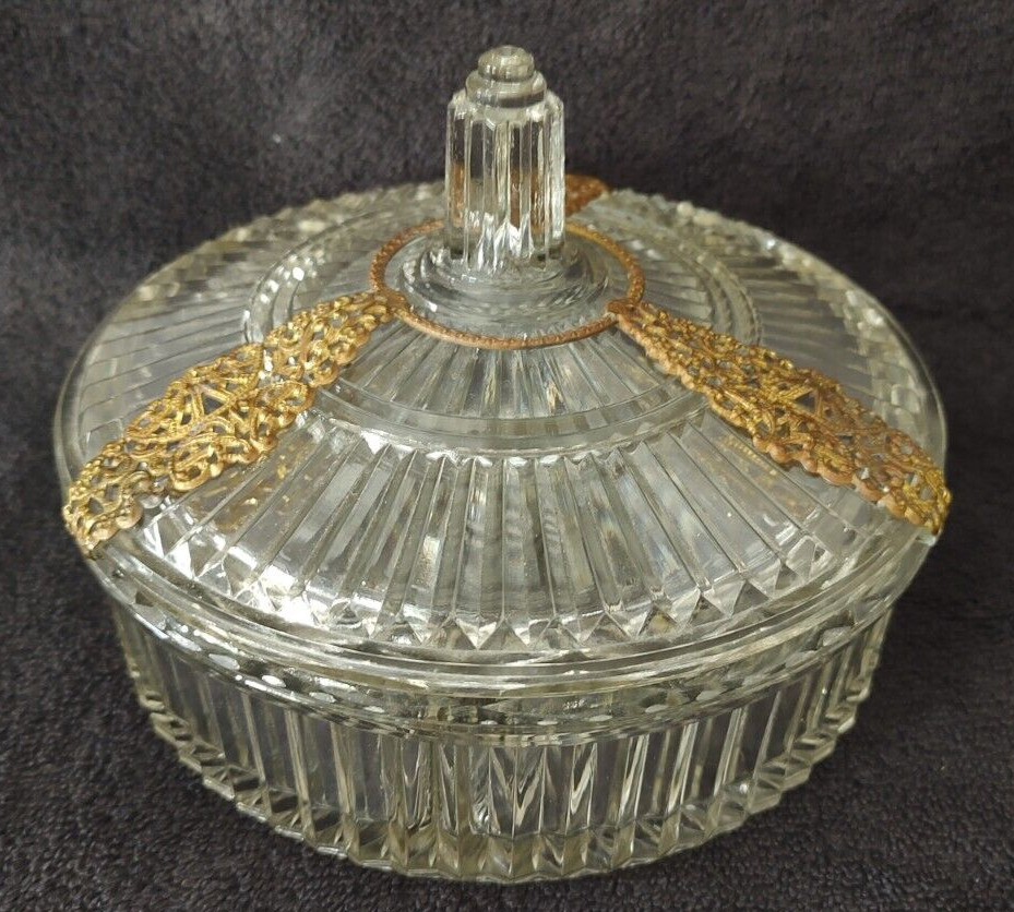 Antique Vintage Elegant Glass Covered Candy Dish with Brass Filigree Ormolu
