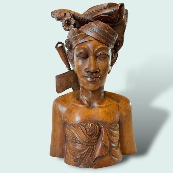 Vintage 13” BALI Pan Akus Hand-Carved Wood Klungkung Warrior Bust HUGE 1940-60s