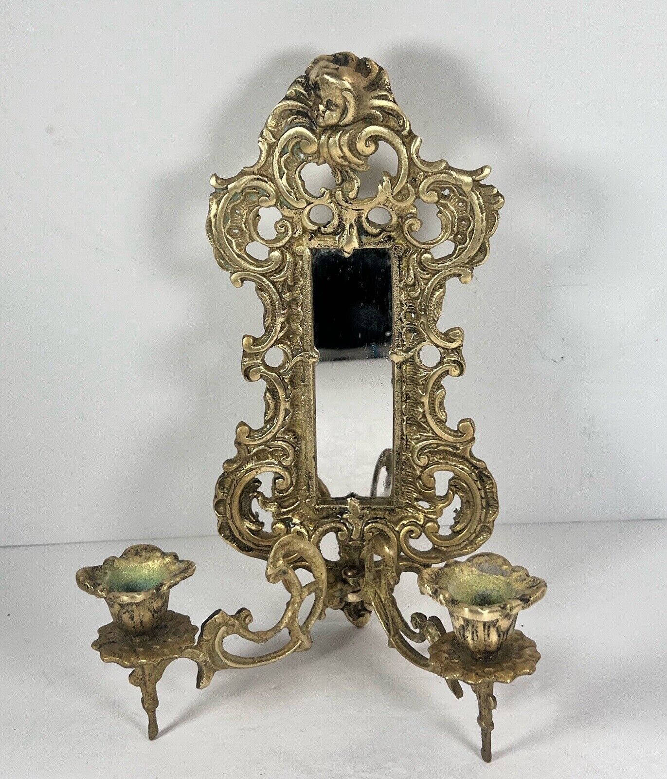 Vintage Brass Wall Candelabra And Mirror Cherub Ornate 