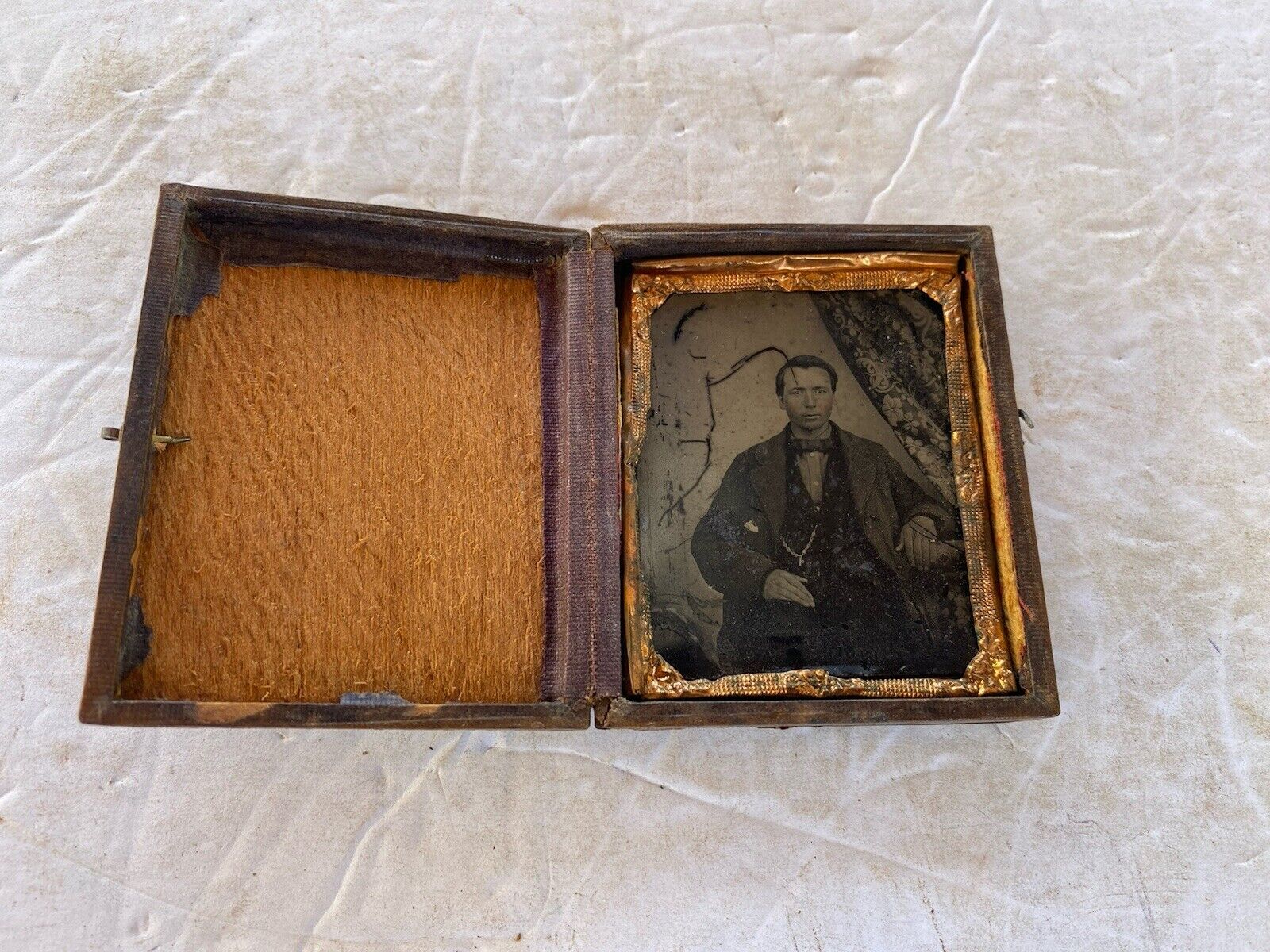 Antique Tin Wrapped Daguerreotype Photo With Wood Case