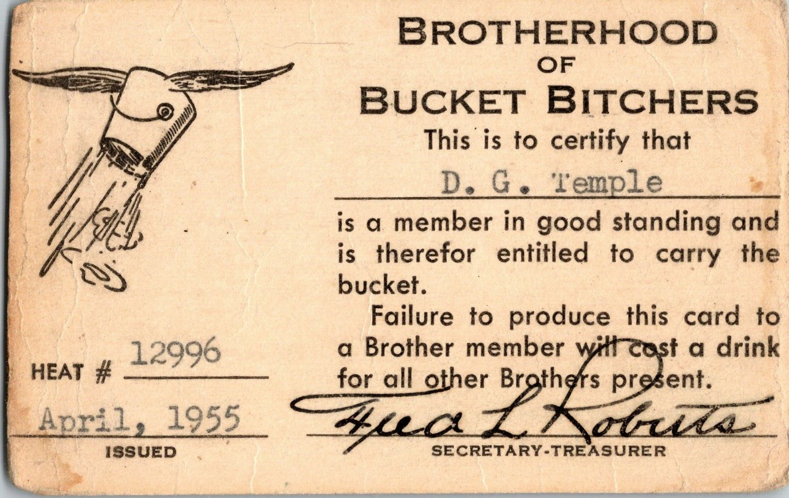 Vintage Brotherhood Of Bucket Bitchers Membership Card Heat # 12996 1955