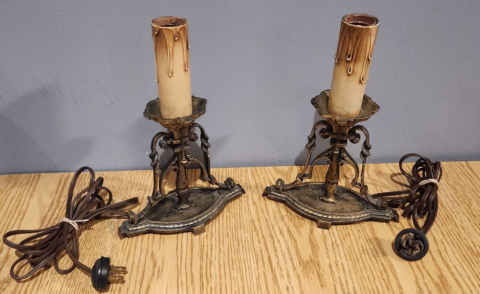 Antique 1920s Victorian Gothic Iron Candle Bedside Table Lamps Pair