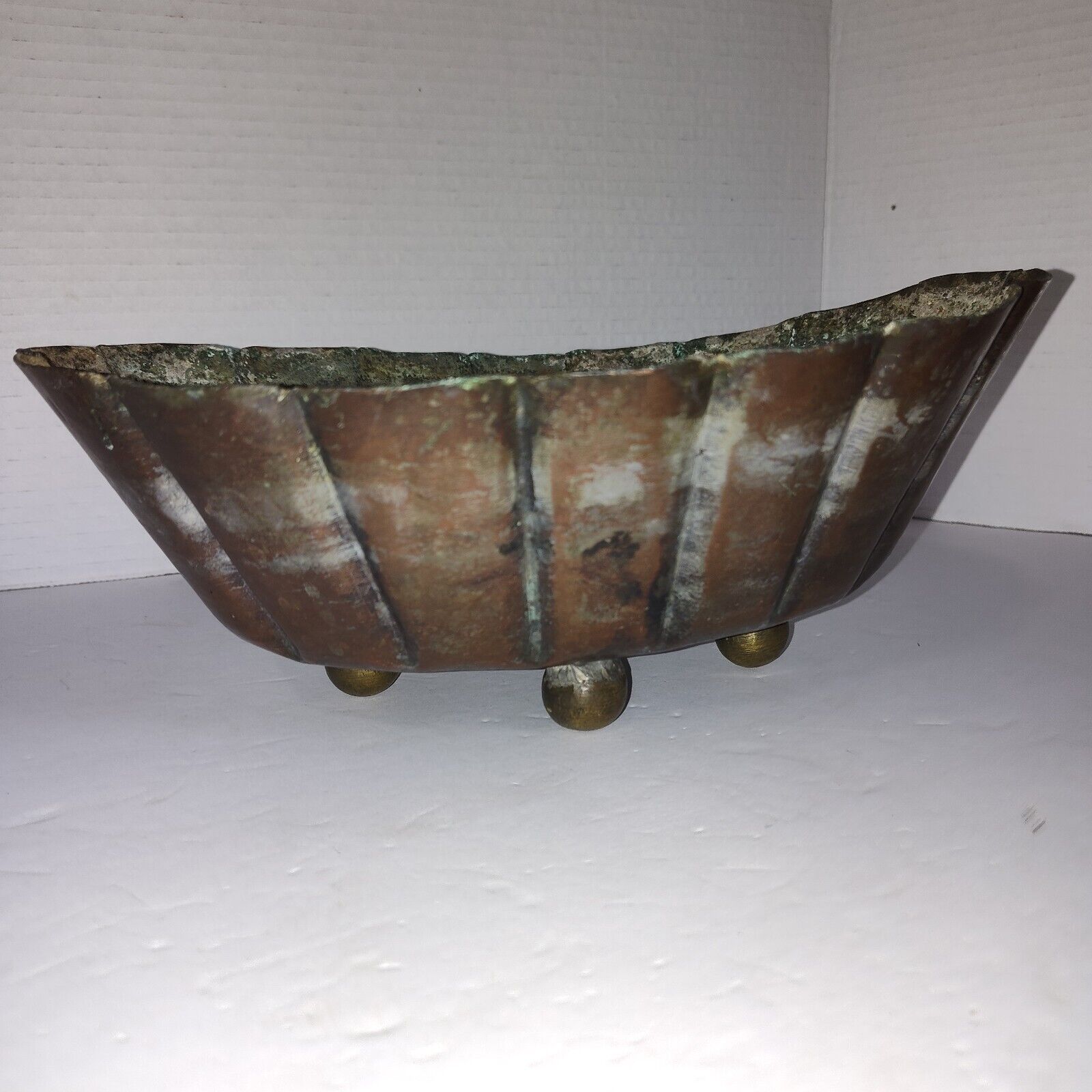 Vintage Scalloped Metal And Copper Planter Bowl Footed Rustic French Country 