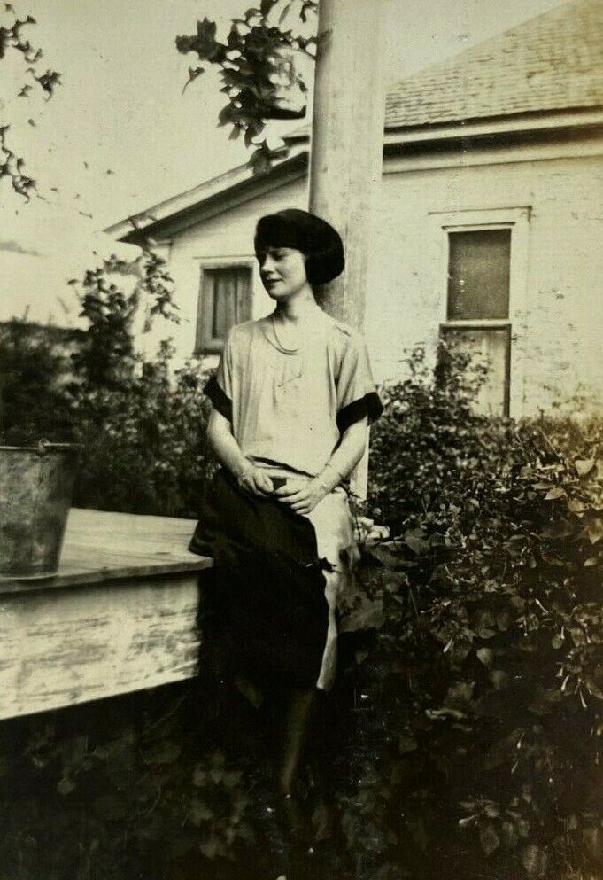 Pretty Woman Sitting On Porch By Column B&W Photograph 2.5 x 4.5