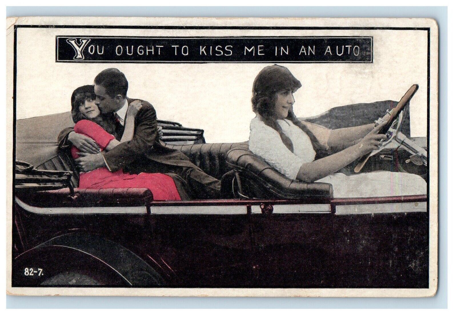 c1910\'s Girl Driving Auto Car Couple Kissing At Back Posted Antique Postcard