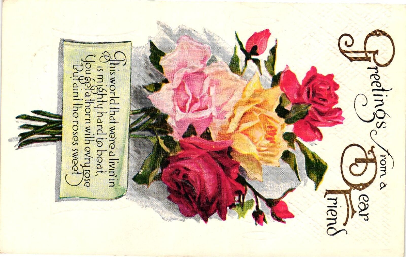 Vintage Postcard- Roses, Greetings from a Dear Early 1900s
