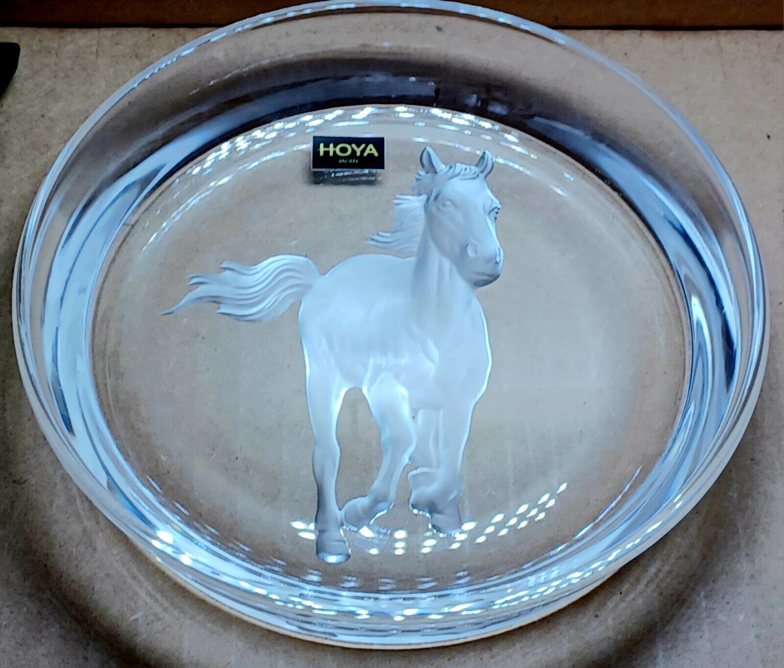 Hoya Deep Relief Crystal Running Horse Small Dish / Bottle Coaster/ Dresser/Tray