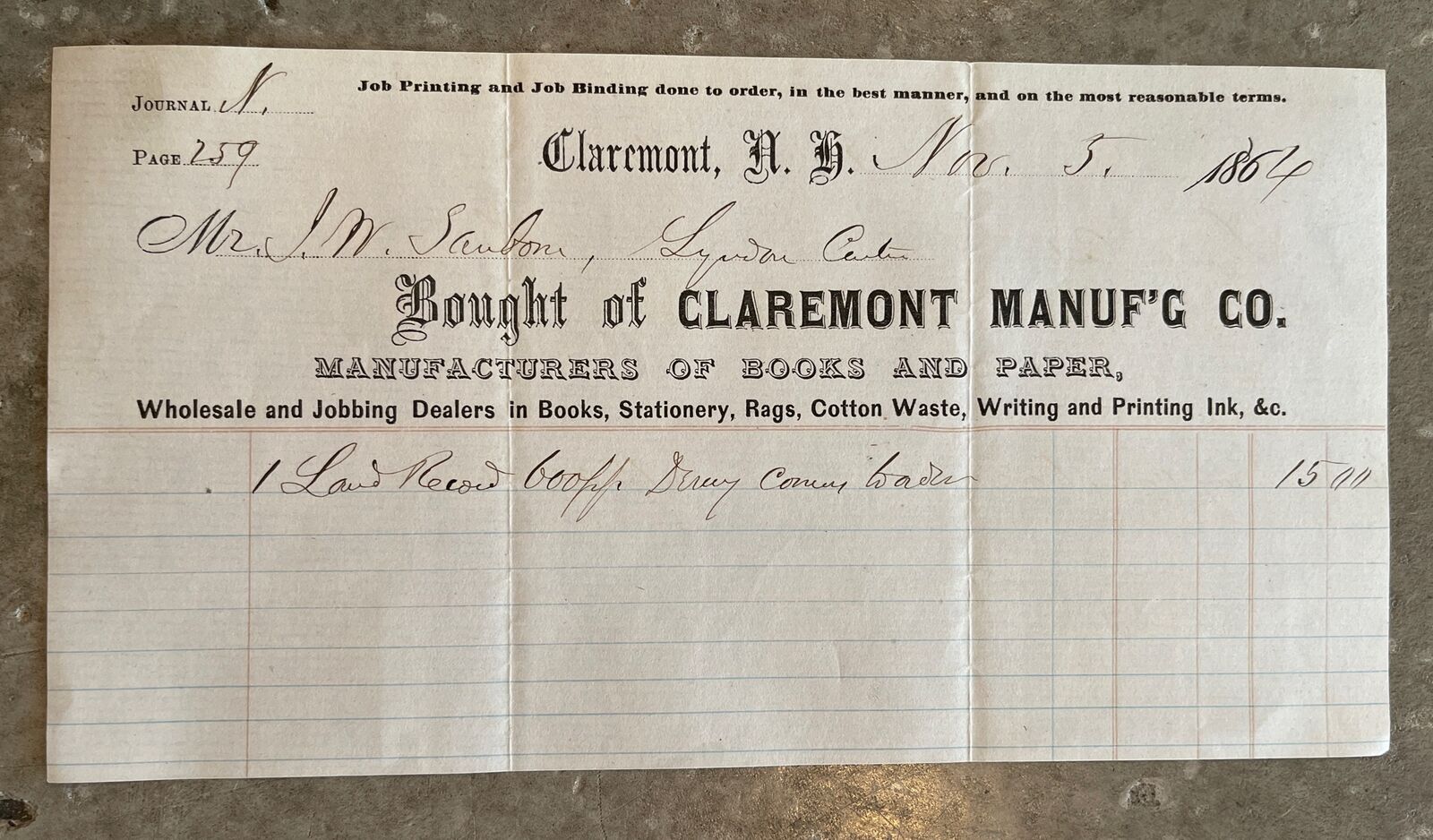 Antique 1864 Claremont New Hampshire Book Paper Manufacturing Company Billhead