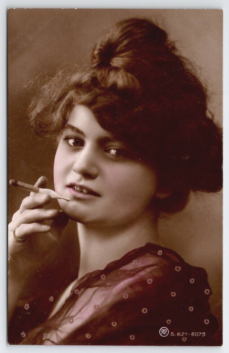 RPPC Edwardian Glamour Girl Holding Cigarette Tinted Photo Postcard B35