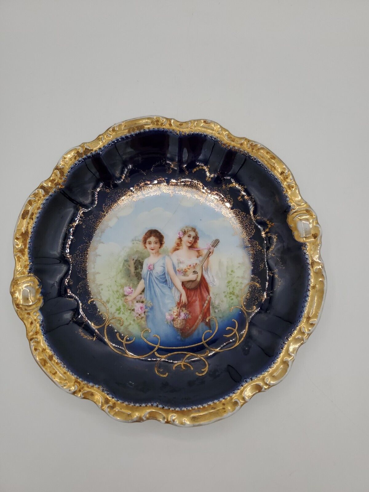 Antique Cobalt Blue Gold Portrait Plate PM Bavaria Lady with Mandolin 8