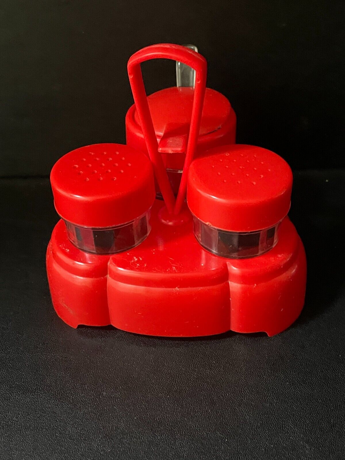 Vtg Red Plastic 3 Piece Condiment Caddy Holder