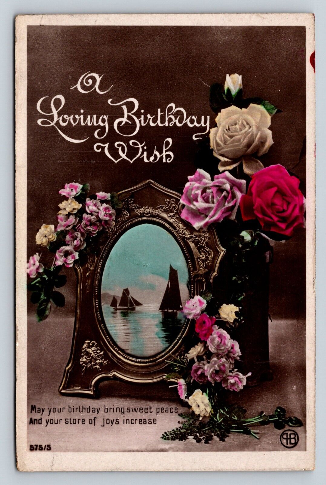 c1914 Frame with Roses Birthday Wish Hand Tinted RPPC ANTIQUE Postcard 1137