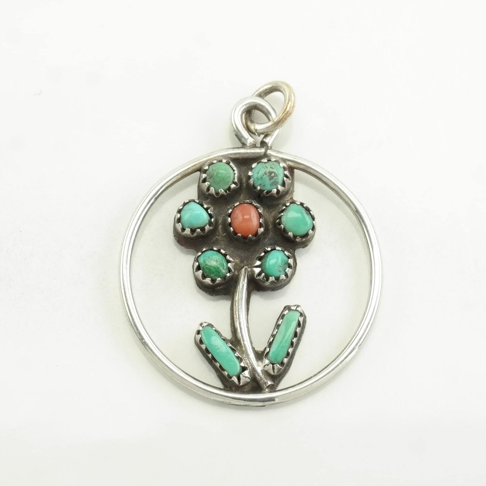 Vintage Zuni Turquoise, Coral Flower Sterling Silver Pendant