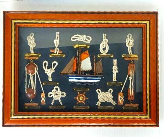Vtg Nautical Sailor Ship Sailboat Shadow Box Knot Board Wall Picture Frame