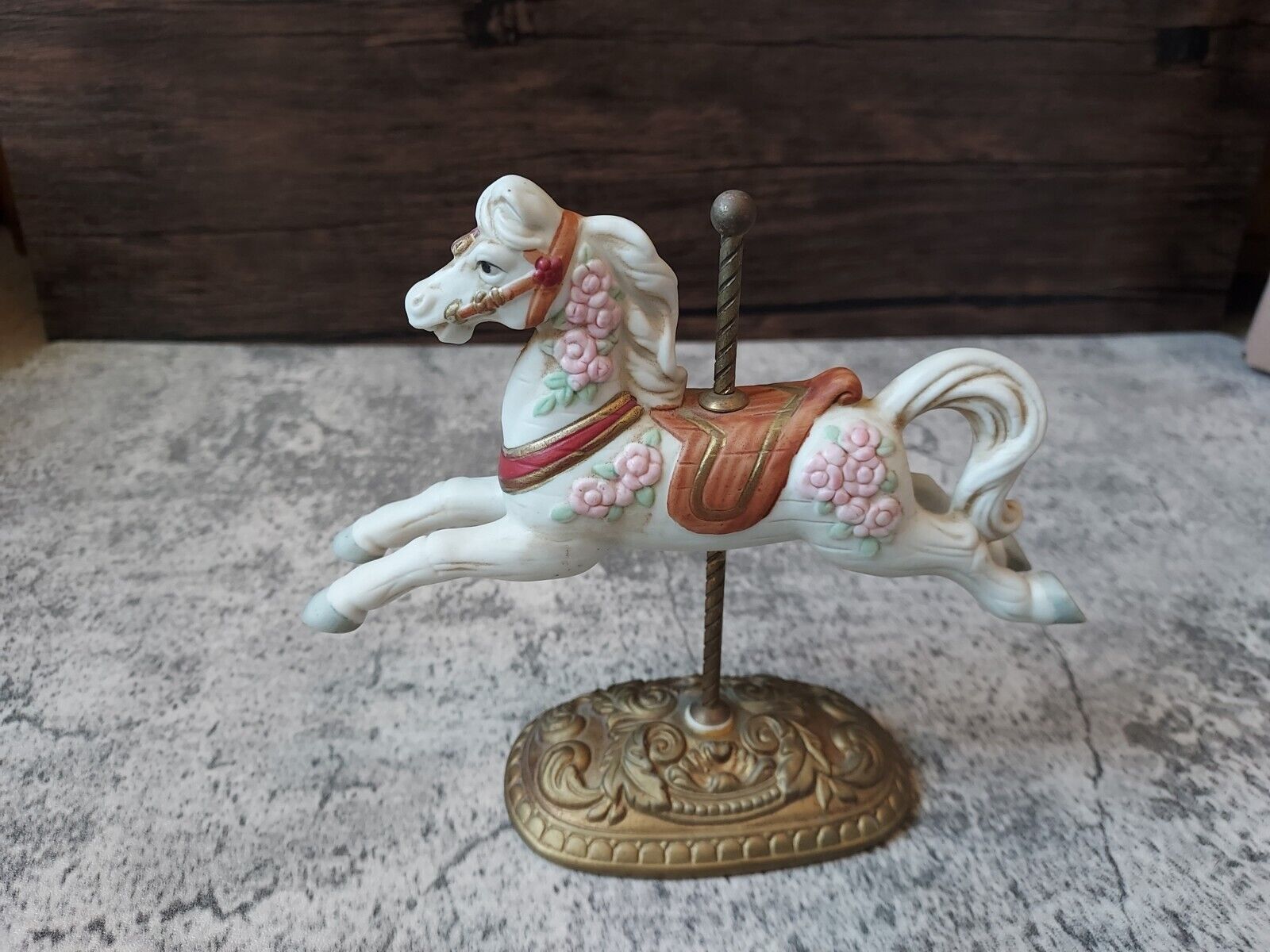 Homco Home Interiors Carousel White With Pink Flowers Horse Figurine Porcelain 