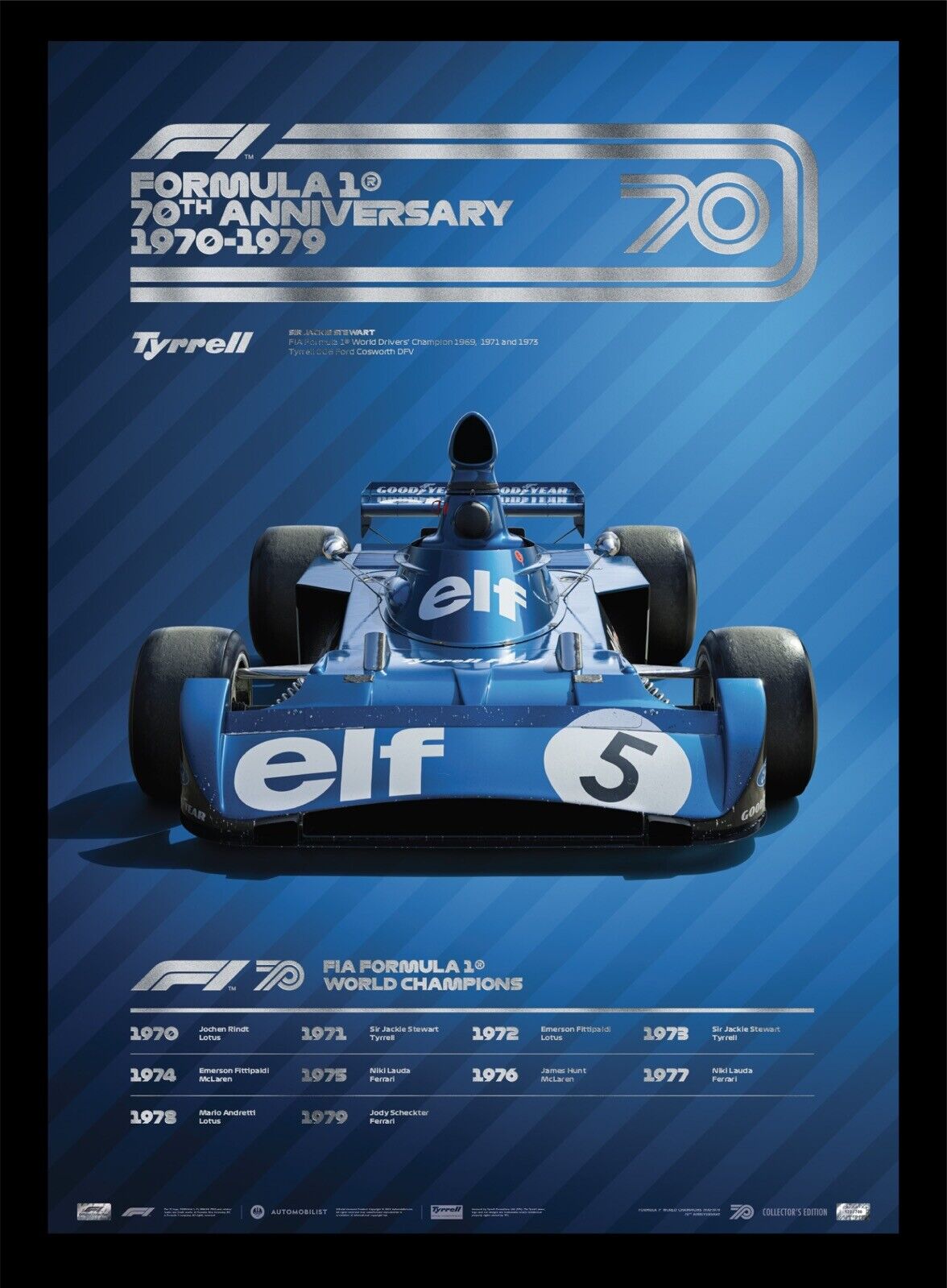 #5/700 Formula 1 1970s Jackie Stewart Tyrrell Silver Emboss Art Print Poster LE