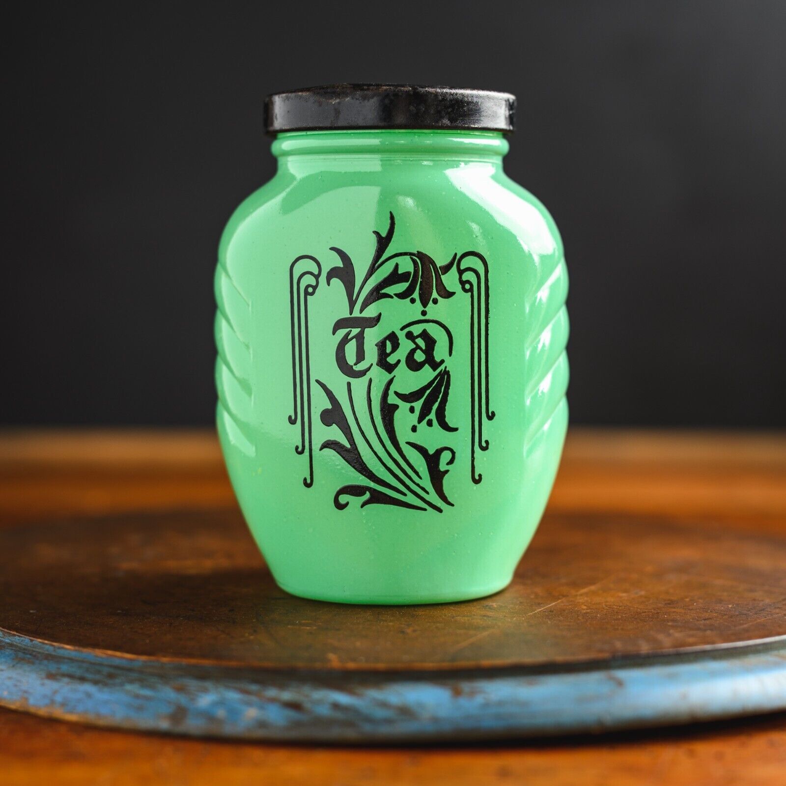 Vintage Hazel Atlas Jadeite Green Fired-On Glass Black Tea Canister Jadite