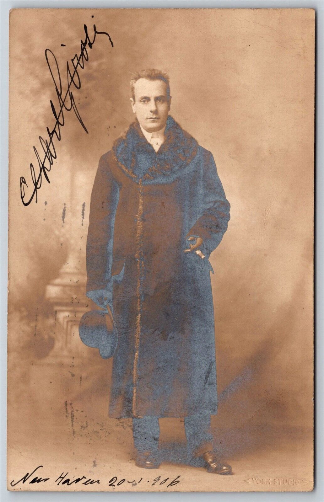Postcard Dressed Man with Large Coat Cigar York Studio 1906 RPPC O166