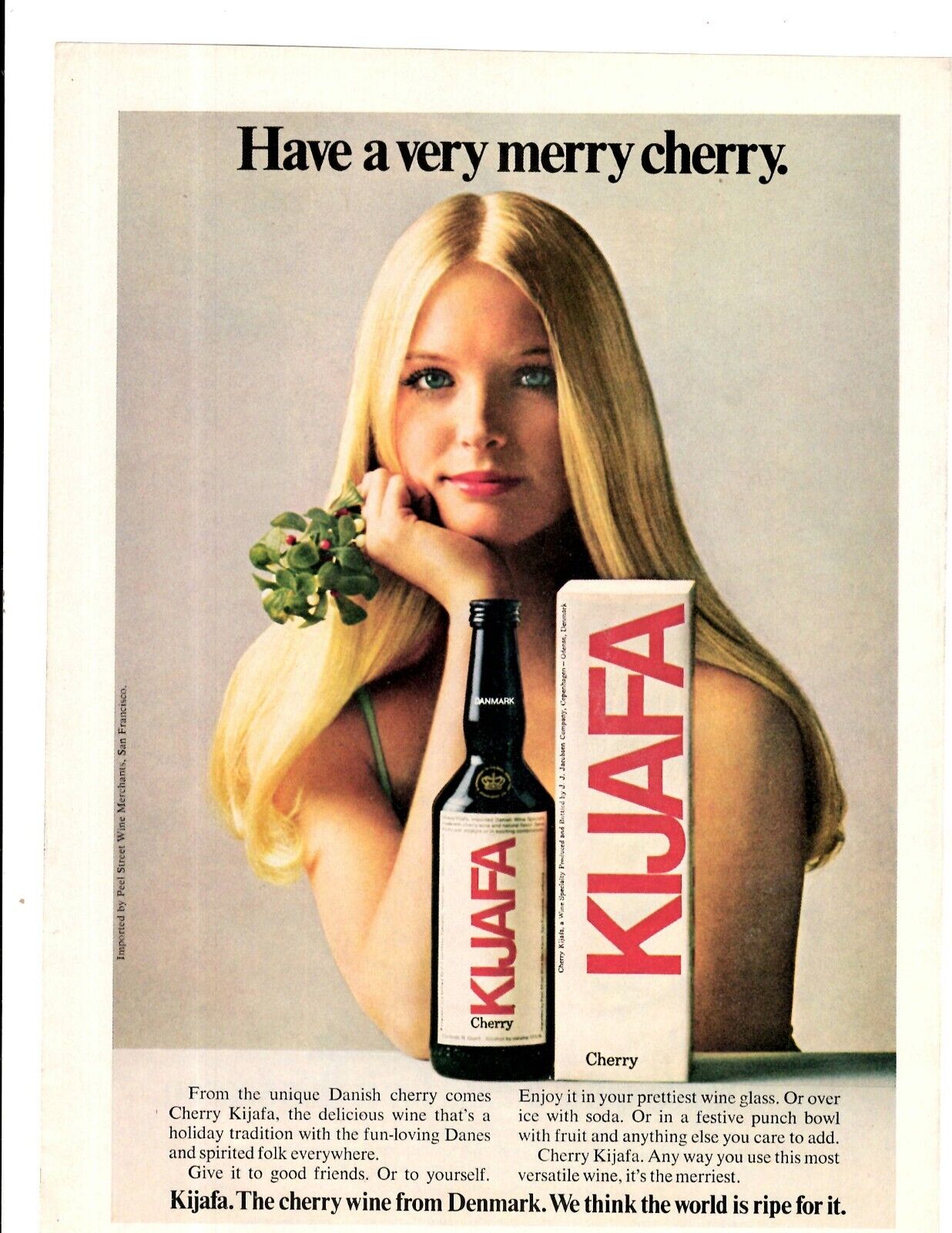 1974 Print Ad Kijafa Cherry Wine Have a Very Merry Cherry. Christmas Danish