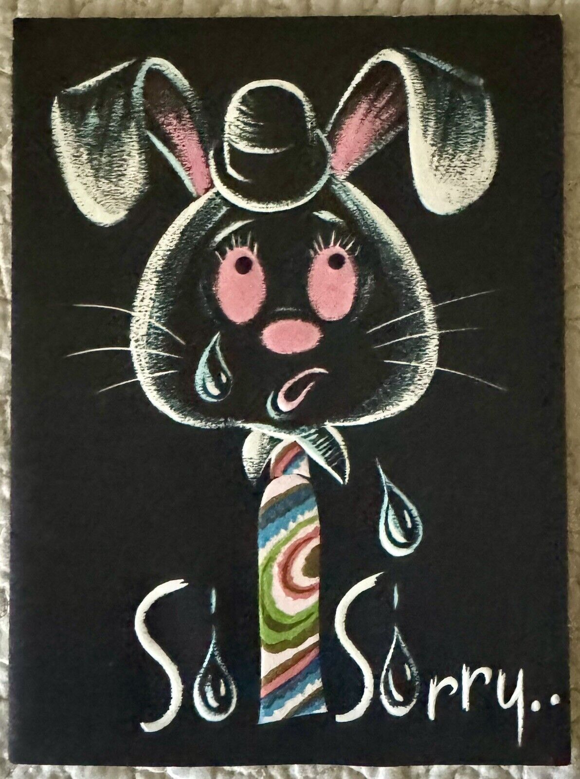 Unused Get Well Rabbit Bunny Rainbow Tie Black Vtg Greeting Card 1950s 1960s