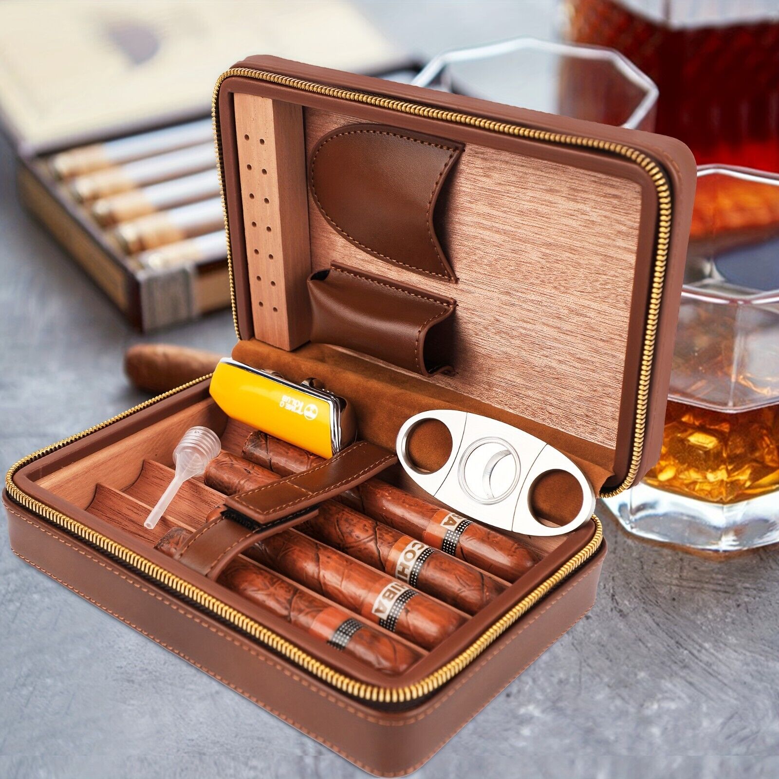 1 Set 4 finger Portable Brown Weave Texture Travel Leather Case - Temu