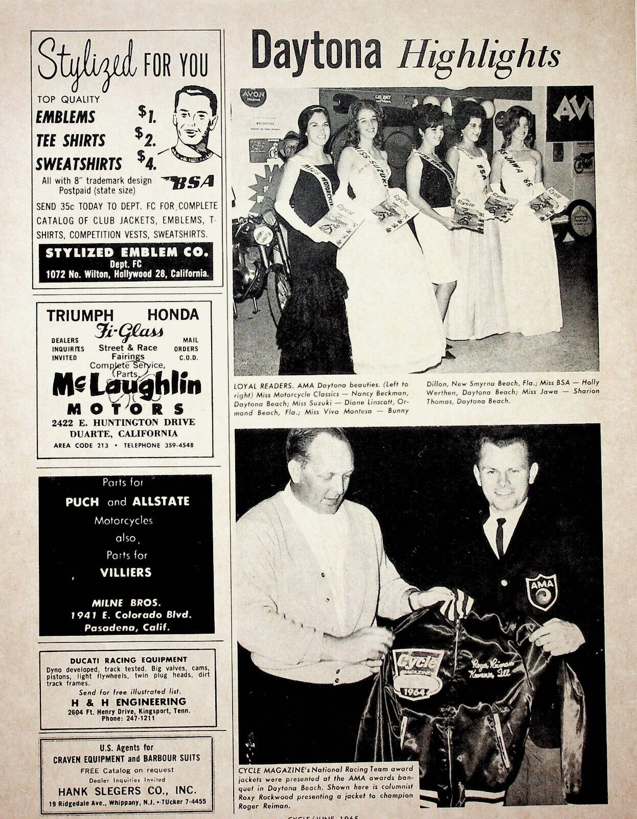 1965 Daytona Beach Roger Reiman Miss Motorcycle Classics -1-Page Vintage Article