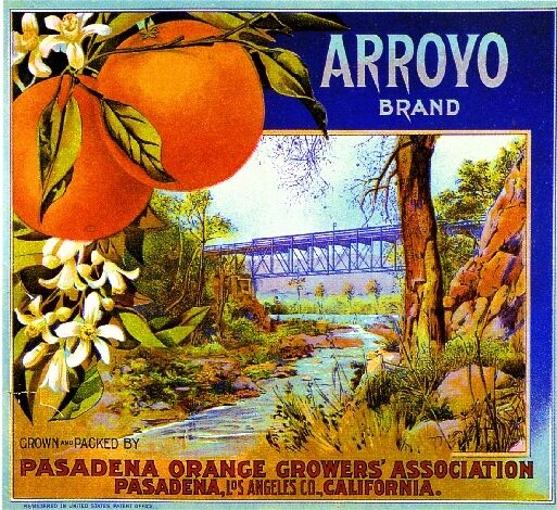 Pasadena California Arroyo Brand Bridge Orange Citrus Fruit Crate Label Print