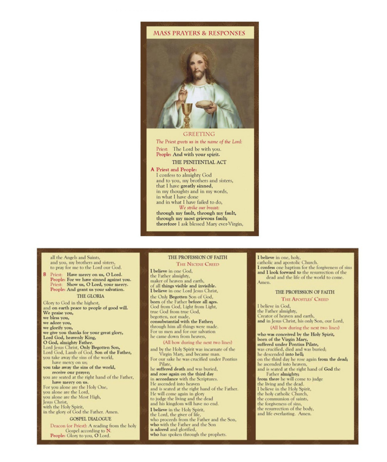 (2 copies) Trifold Catholic Mass Responses & Prayers Pamphlet Glossy Heavy Card