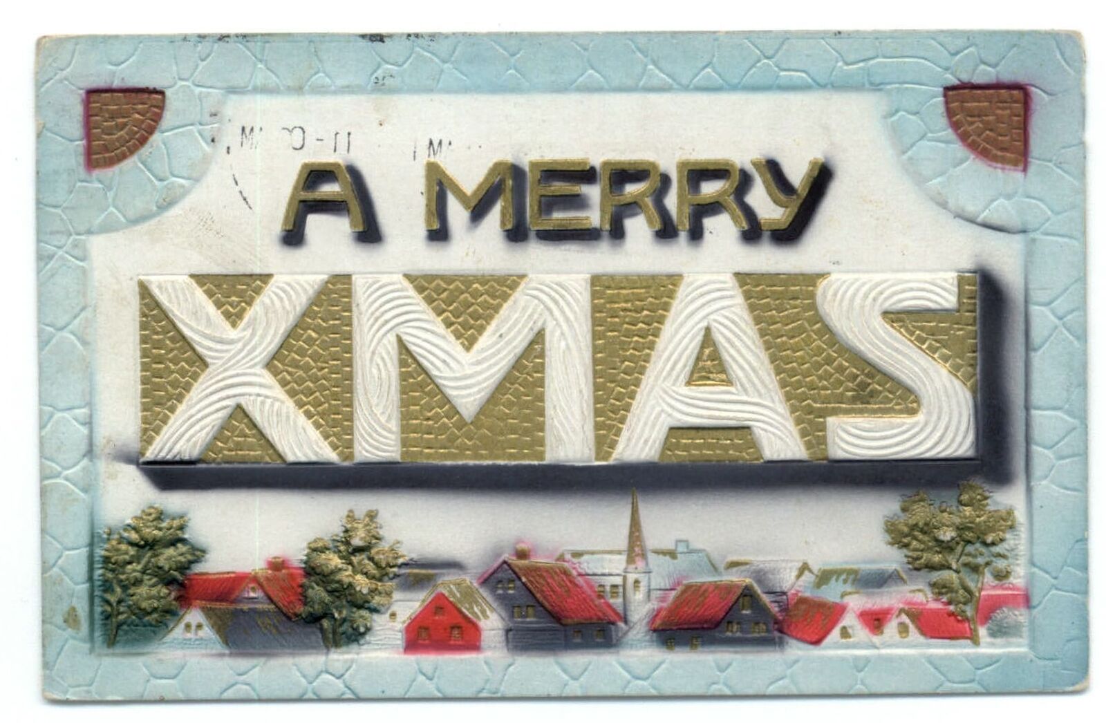 CHRISTMAS large letter airbrushed 1910 Signa Larson Boyne City MI postcard