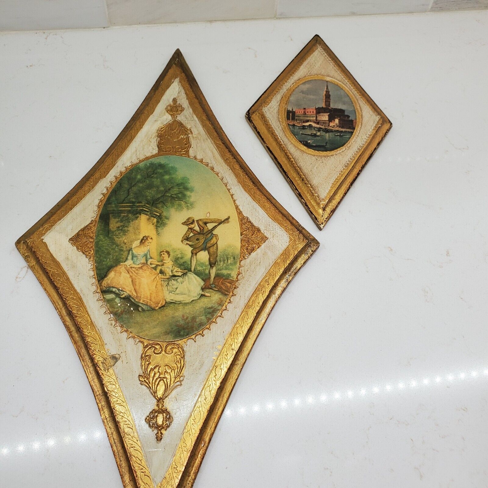 Pair of Vintage Italian Florentine Wood Wall Plaques Art Hanging Sterner Imports